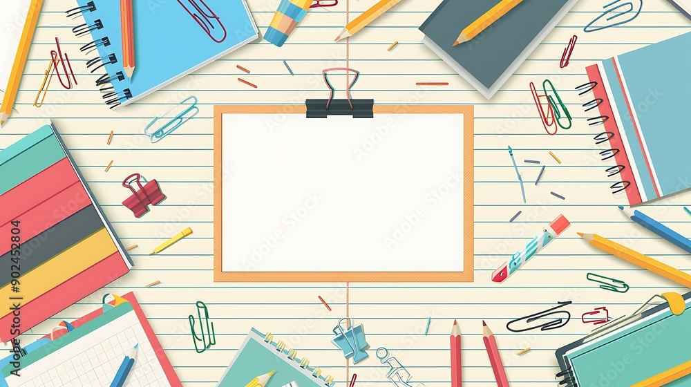 Fototapeta premium Illustrate a back to school background that includes a central empty text space, surrounded by different types of paper, pencils, and clips, against a background of lined paper texture.