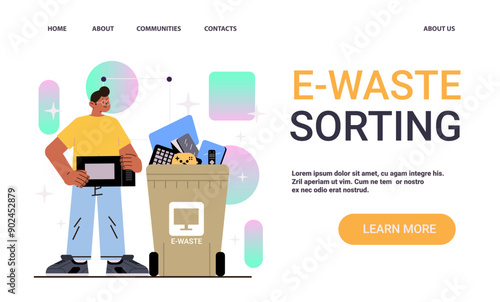 E-waste sorting concept man recycling electronics colorful background trash bin website design