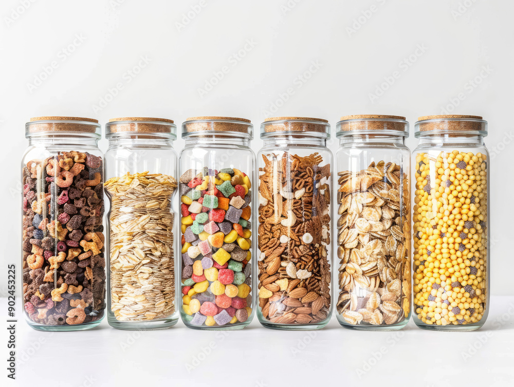 Elegant Display of Assorted Cereals in Glass Jars, Neat and Refined Breakfast Items Elegant Display of Assorted Cereals in Glass Jars, Neat and Refined Breakfast Items