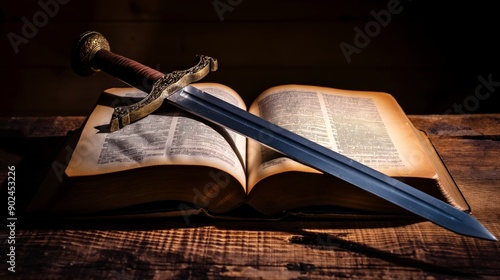 Sword placed on open book with dramatic lighting
