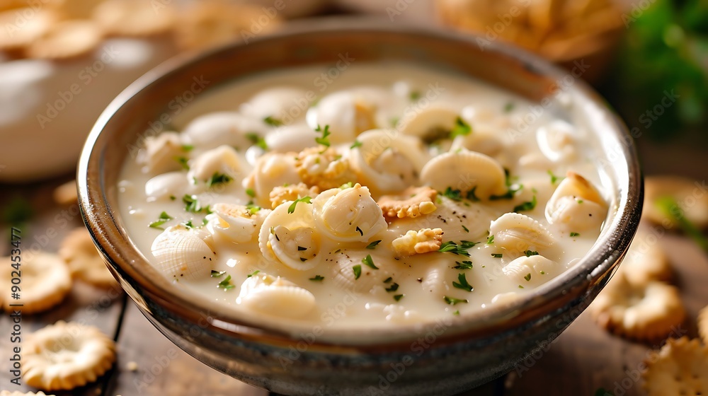 A bowl of creamy clam chowder with oyster crackers A bowl of creamy clam chowder with oyster crackers