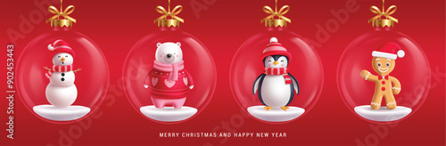 Christmas glass balls vector set design. Merry christmas and happy new year greeting with cute characters in crystal bauble transparent in red background. Vector illustration glass elements collection