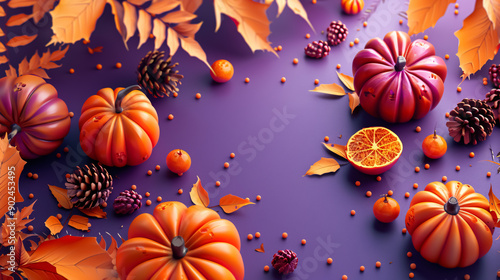 3D styled pumpkins and autumn fruits arranged on a purple background. photo