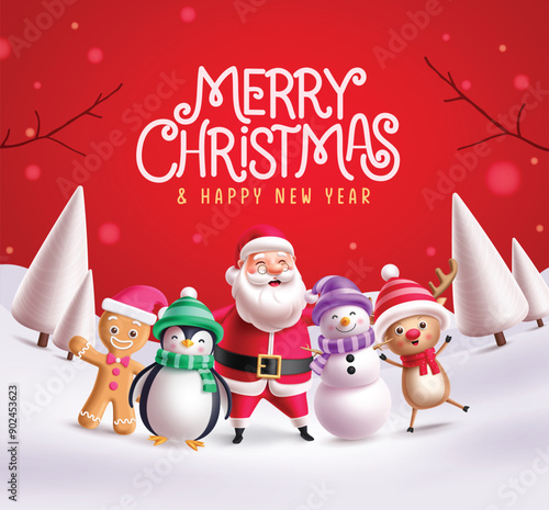 Merry christmas greeting card vector design. Christmas greeting text with santa claus, penguin, ginger bread, snowman and reindeer characters in snow winter red background. Vector illustration holiday