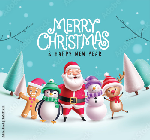 Merry christmas greeting vector design. Christmas greeting card with xmas characters like santa claus, penguin, snowman and reindeer in snow winter frost background. Vector illustration holiday season