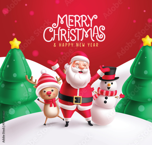 Christmas santa claus greeting vector design. Merry christmas and happy new year greeting text with santa, reindeer and snowman characters in pine tree snow winter background. Vector illustration 