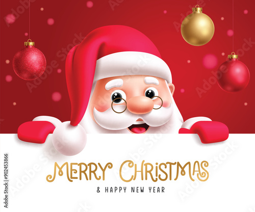Christmas santa claus greeting card vector template design. Merry christmas and happy new year greeting with santa claus cute characters holding white board for xmas invitation template. Vector 