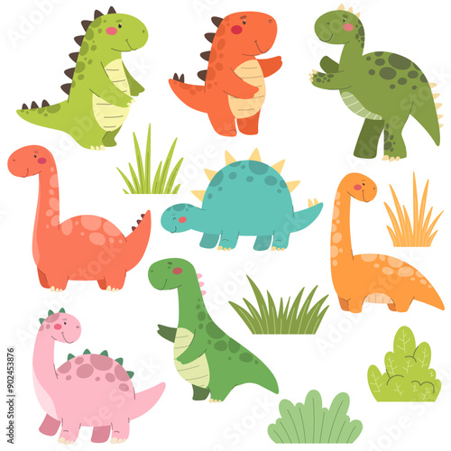 Collection of cute dinosaurs in flat style. Baby dinosaur vector isolates.