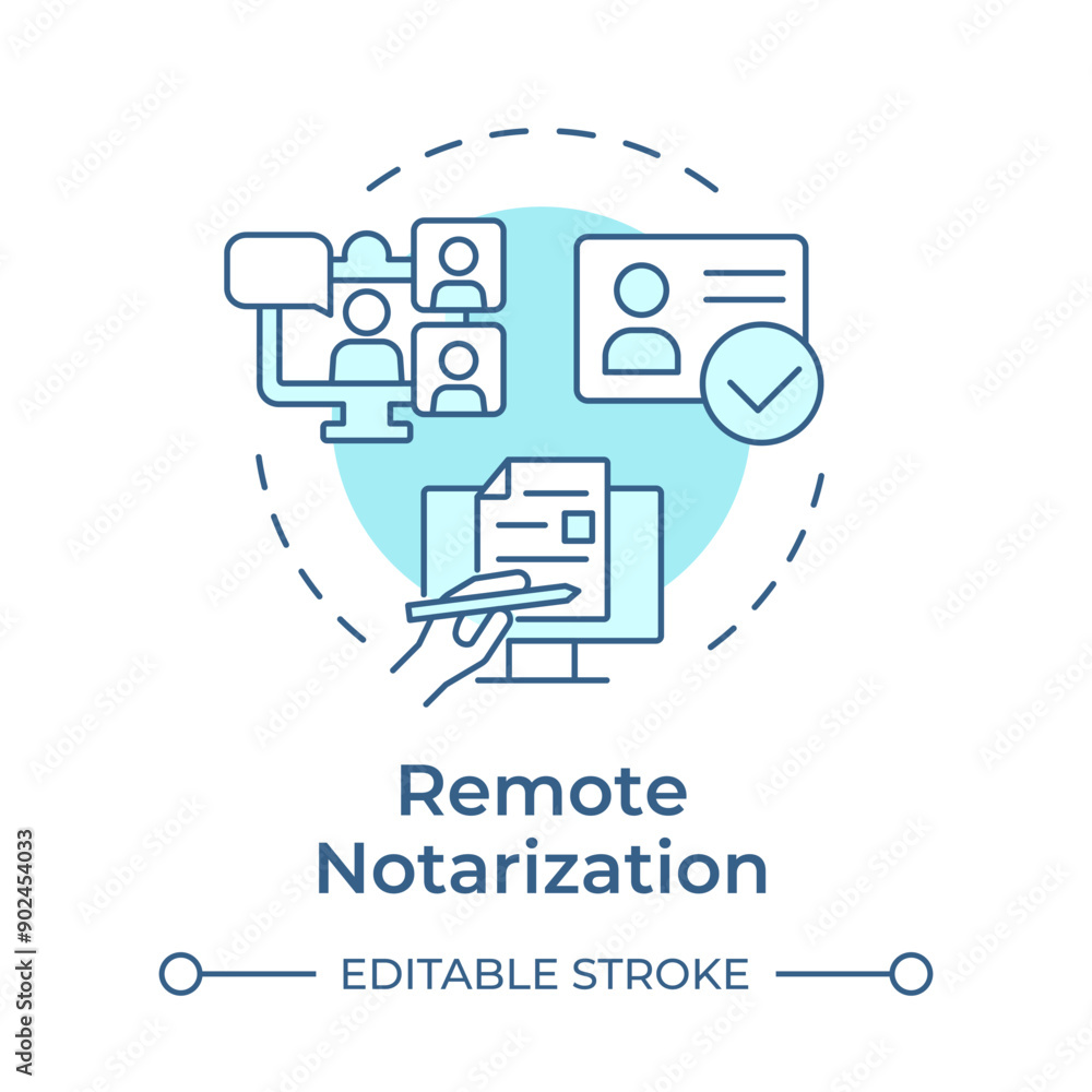 Fototapeta premium Remote notarization soft blue concept icon. Video conferencing, electronic signature. Round shape line illustration. Abstract idea. Graphic design. Easy to use in infographic, presentation