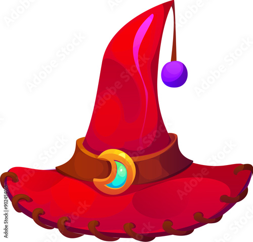 Halloween holiday witch hat. Isolated cartoon vector red fantasy cap adorned with crescent moon buckle, leather stitches on brim and purple pom-pom. Magical and spooky headwear for wizard or sorcerer