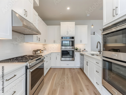 Modern kitchen featuring glossy white cabinets, stainless steel appliances, and a minimalist design aesthetic.