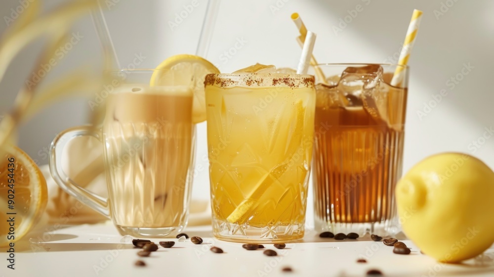 Summer cocktails, lemonade and iced coffee on a white background Summer cocktails, lemonade and iced coffee on a white background