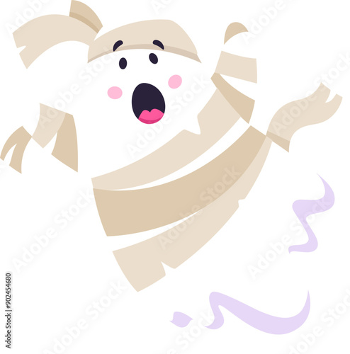 Funny cartoon Halloween kawaii ghost character donning a charming mummy costume wrapped in bandage, exuding a delightful mix of spookiness and cuteness. Adorable, cute vector baby spirit personage