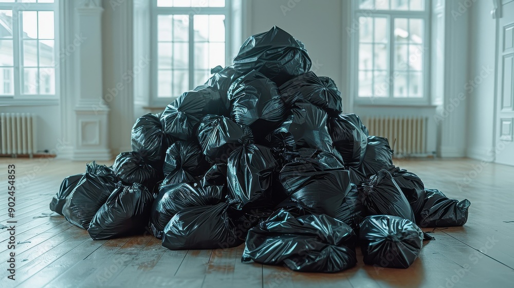 Many garbage bags and full waste bin at clean modern house, waste ...