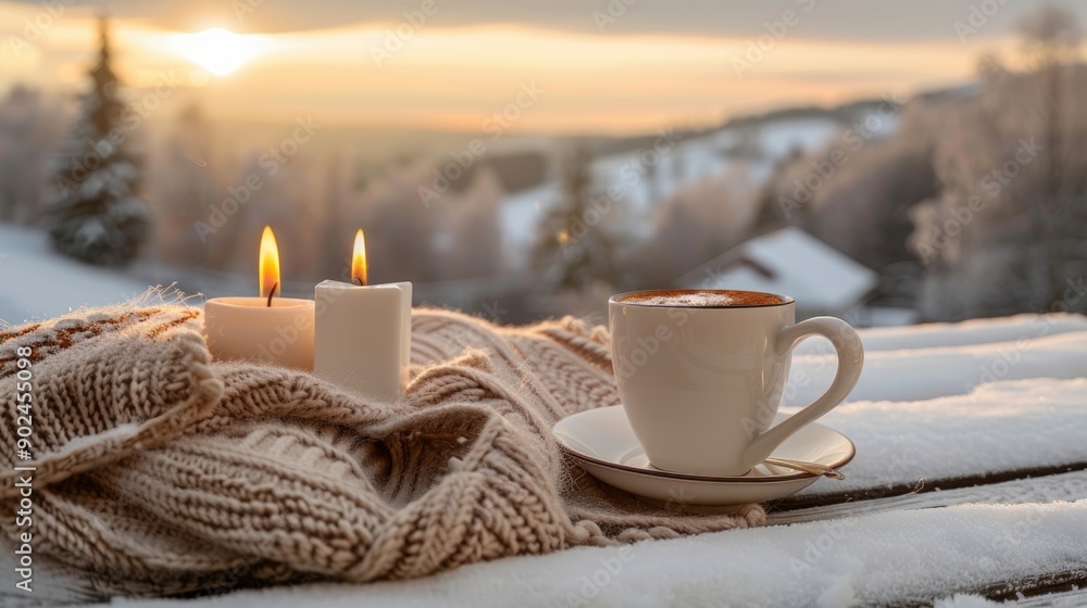 Cozy warm winter composition with cup of hot coffee or chocolate, cozy blanket and snowy landscape on sunny winter day. Winter home decor. Christmas. New Years Eve. Cozy warm winter composition with cup of hot coffee or chocolate, cozy blanket and snowy landscape on sunny winter day. Winter home decor. Christmas. New Years Eve.
