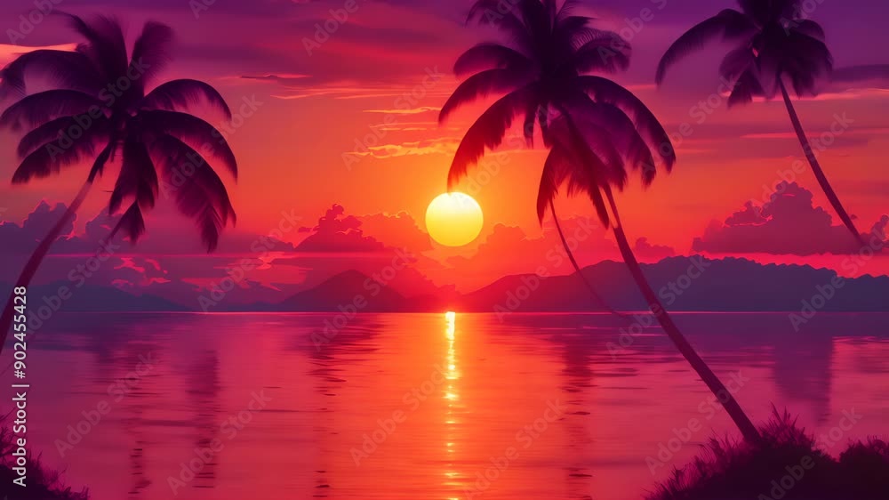 Tropical Sunset Over Calm Waters With Silhouetted Palms Tropical Sunset Over Calm Waters With Silhouetted Palms