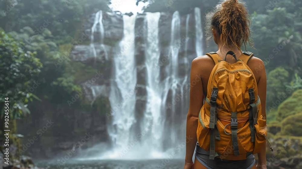 A woman is standing in front of a waterfall with a yellow backpack on A woman is standing in front of a waterfall with a yellow backpack on
