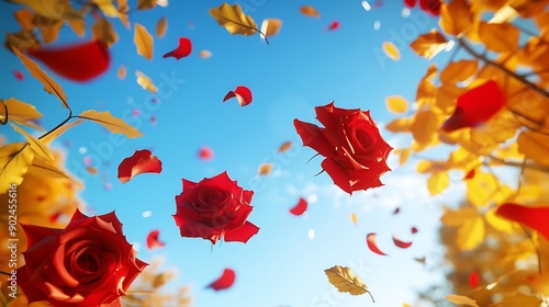 Vibrant red rose petals falling from a clear blue sky on a sunny autumn day, with golden leaves in the background, creating a rich, warm scene.