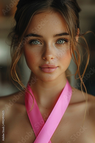 Woman with pink ribbon for Breast Cancer Awareness, white blurred background, high resolution photo