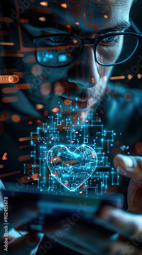 Hologram man with a heart made of digital code photo