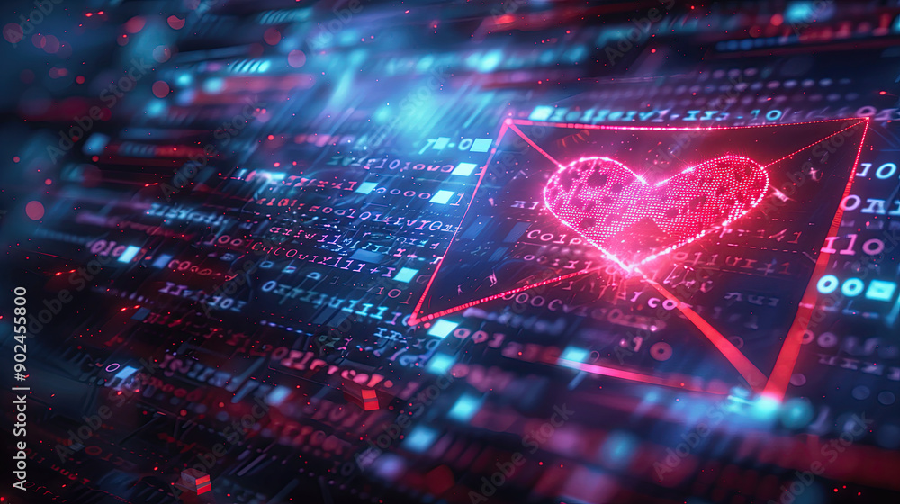 Warning Sign on Hologram Scammer's Digital Love Letter Showing Risks of Online Romance Scams Warning Sign on Hologram Scammer's Digital Love Letter Showing Risks of Online Romance Scams
