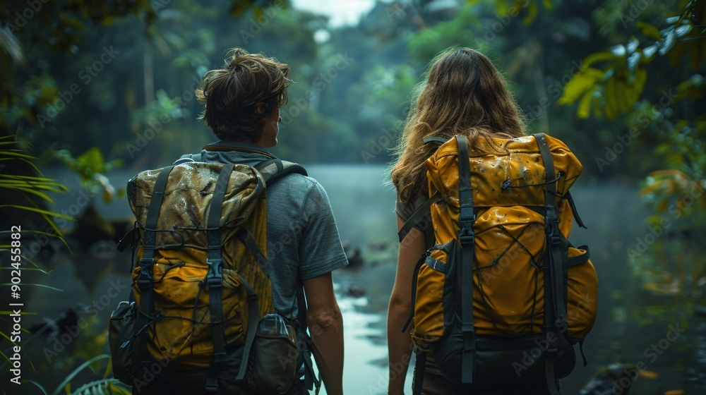 Two backpackers are standing next to each other by a river Two backpackers are standing next to each other by a river