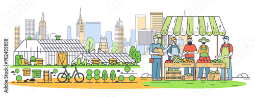 Eco farming city market sustainable agriculture scene with greenhouse urban background farmers selling vegetables under canopy minimalistic style