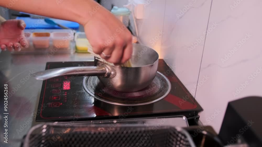 Cooking soba pasta in a steel pan on the stove in the kitchen of an asian restaurant, close-up. Slow motion. Cooking soba pasta in a steel pan on the stove in the kitchen of an asian restaurant, close-up. Slow motion.