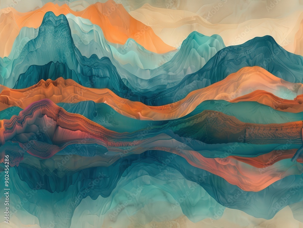 Obraz premium A watercolor painting of abstract mountains with soft blue tones, depicting a serene landscape with waves of color blending into the sky and foggy hills in a vibrant, artistic style