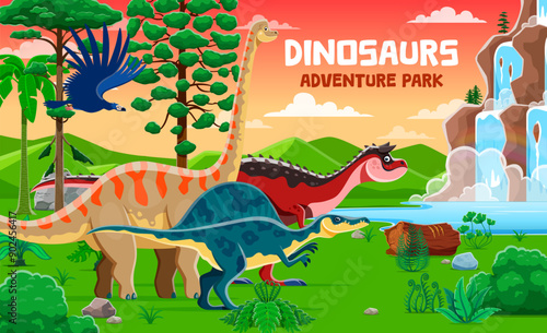 Prehistoric dinosaurs adventure park banner. Vector dino species, lush greenery and majestic waterfall cascading down a cliff. Vibrant world of dinosaurs, ancient reptiles at Jurassic era landscape