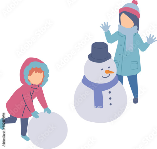 雪だるまを作って遊ぶ子供たちのアイソメイラスト