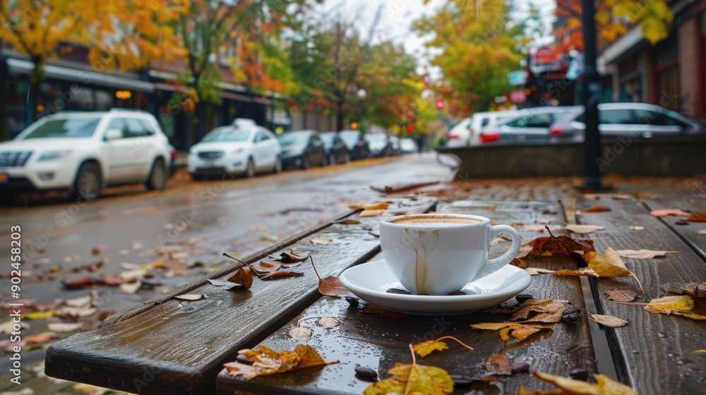 cup of coffee on cafe table street view with cars and fall autumn leaves cup of coffee on cafe table street view with cars and fall autumn leaves