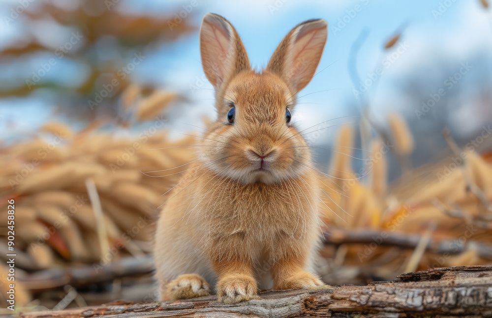 Fototapeta premium A small brown rabbit is standing on a log. The rabbit is looking at the camera with its eyes wide open
