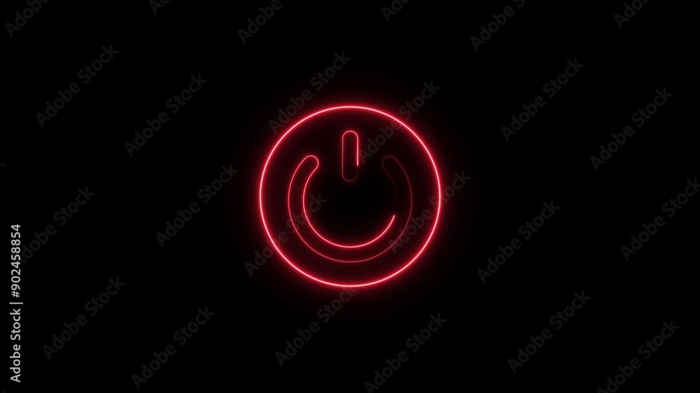 Abstract neon bright power button icon red color animation and red circle on black background. Abstract neon bright power button icon red color animation and red circle on black background.