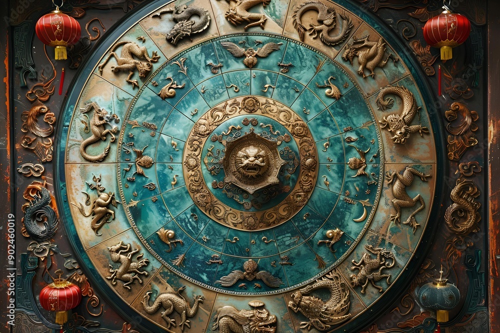 Fototapeta premium a circular blue and gold circular object with animals.