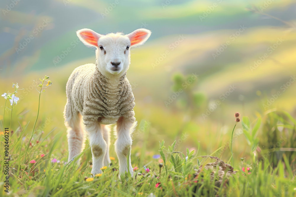 A White Lamb Standing in a Field of Green Grass and Wildflowers A White Lamb Standing in a Field of Green Grass and Wildflowers