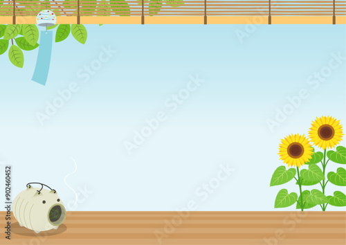 夏をイメージした風鈴とひまわりと蚊取り線香の背景_横_2
