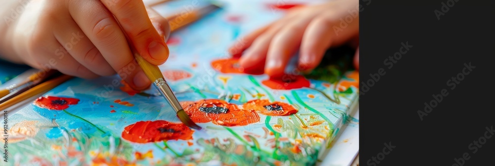 Child hands paints a picture, kid drawing flowers by gouache, paint brush in hands, creative child art Child hands paints a picture, kid drawing flowers by gouache, paint brush in hands, creative child art