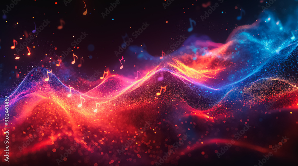 Obraz premium Vibrant 3D background with musical notes and dynamic waves, designed to elevate music-related content and digital media.