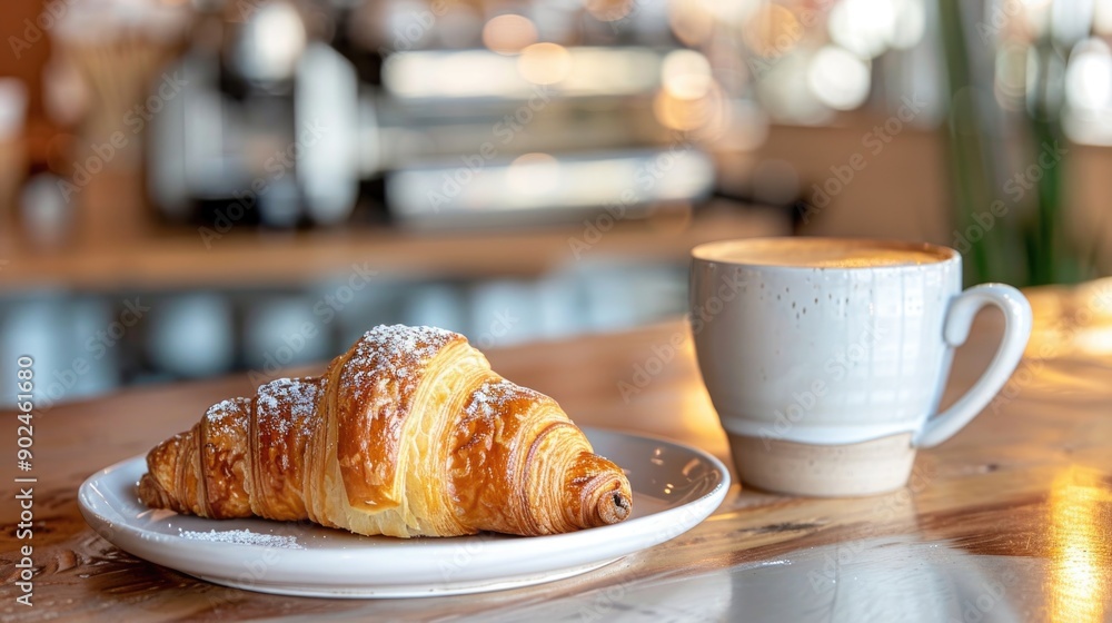 croissant served with latte on a blurred cafe background croissant served with latte on a blurred cafe background