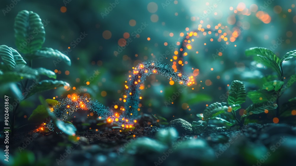 Fototapeta premium Synthetic biology visualization with a plant graphic combined with DNA, showcasing innovations in green biotechnology.