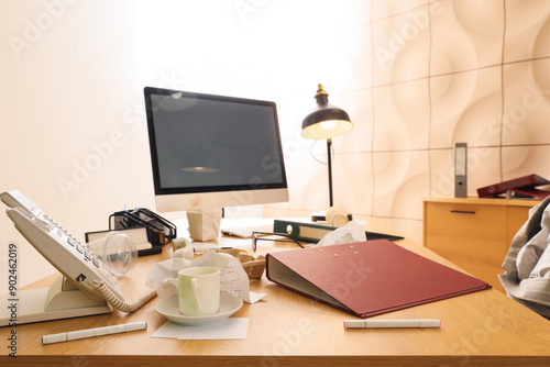 Wallpaper Mural Messy workplace with computer monitor and garbage in office Torontodigital.ca