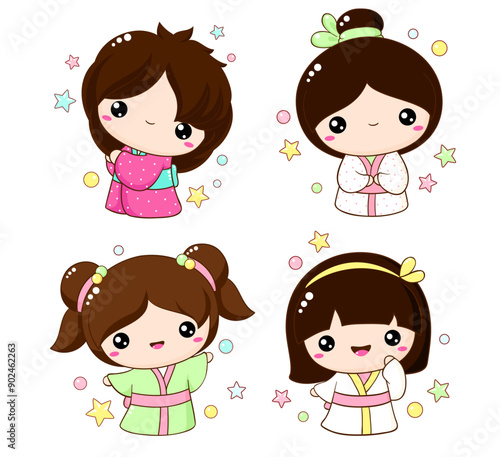 Set of cute little girls in kawaii style. Hanami season collection of Japanese traditional toy kokeshi doll in kimono. Vector illustration EPS8  