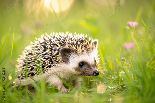 Hedgehog with Spiky Back and Small Snout in Lush Green Grass