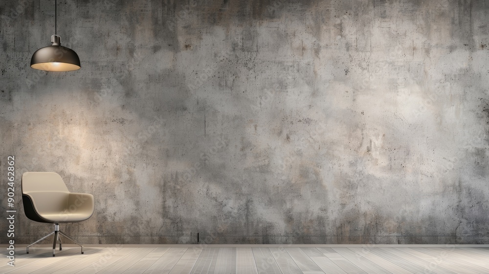 A single chair sits in front of a textured concrete wall with a single pendant lamp hanging overhead. The room is empty, waiting for your design ideas. A single chair sits in front of a textured concrete wall with a single pendant lamp hanging overhead. The room is empty, waiting for your design ideas.