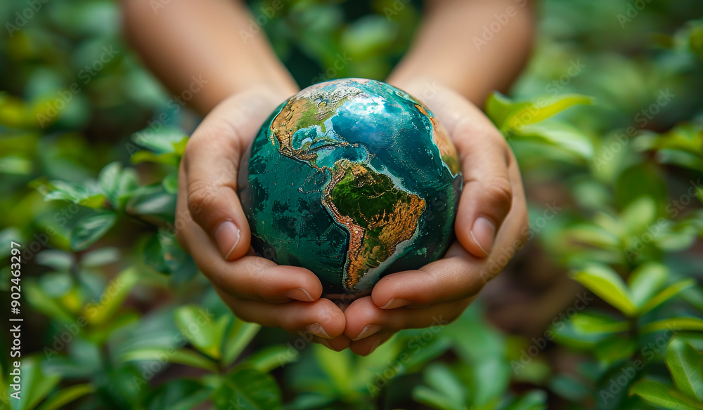 A person is holding a globe in their hands. The globe is green and has a blue ocean surrounding it. Concept of environmental awareness and the importance of taking care of our planet A person is holding a globe in their hands. The globe is green and has a blue ocean surrounding it. Concept of environmental awareness and the importance of taking care of our planet