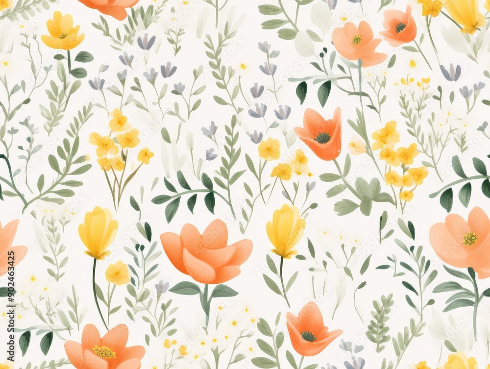 Seamless floral pattern with tulips and other flowers, featuring a spring design with nature elements like leaves and butterflies, ideal for wallpaper or textile Seamless floral pattern with tulips and other flowers, featuring a spring design with nature elements like leaves and butterflies, ideal for wallpaper or textile