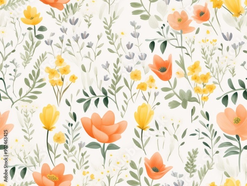 Seamless floral pattern with tulips and other flowers, featuring a spring design with nature elements like leaves and butterflies, ideal for wallpaper or textile