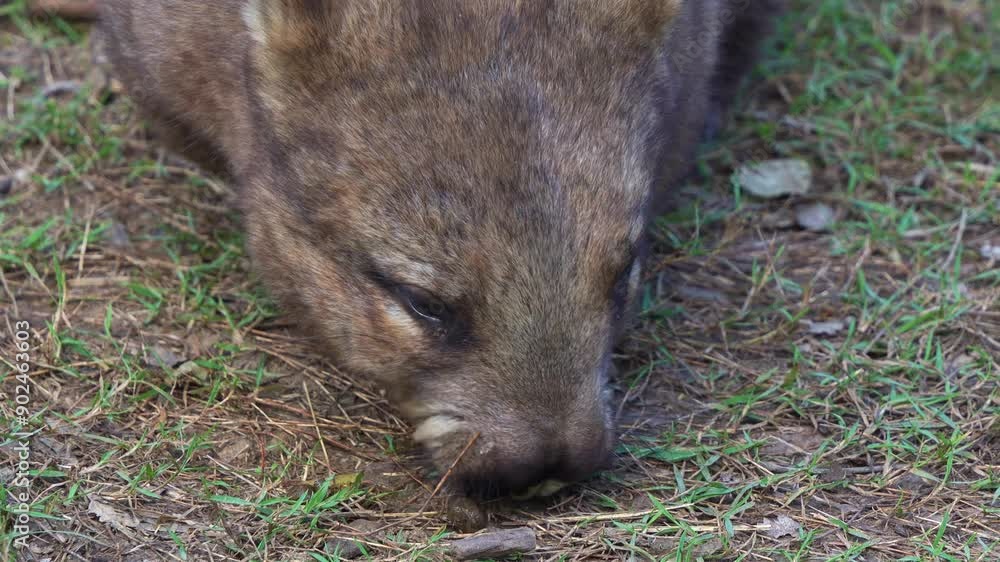 Close up shot of a southern hairy-nosed wombat, a short-legged, muscular quadrupedal marsupial foraging on the ground, eating its cubic poop, native Australian wildlife species. Close up shot of a southern hairy-nosed wombat, a short-legged, muscular quadrupedal marsupial foraging on the ground, eating its cubic poop, native Australian wildlife species.