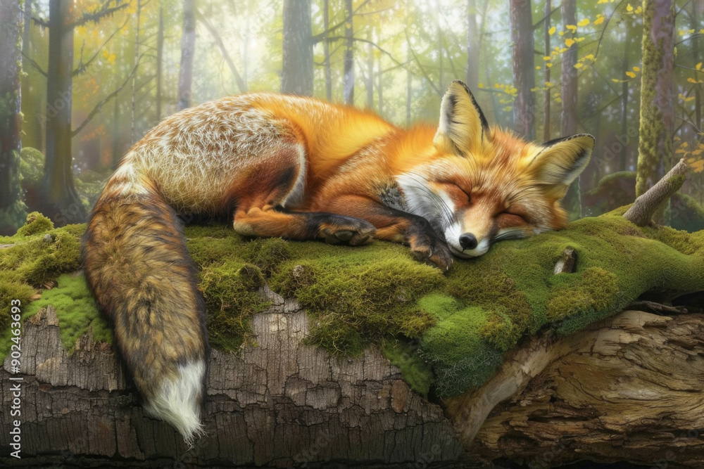 Fototapeta premium A Red Fox Napping on a Moss-Covered Log in a Forest